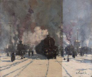 Ölgemälde Bahnhof, 20. Jahrhundert, teilgereinigt